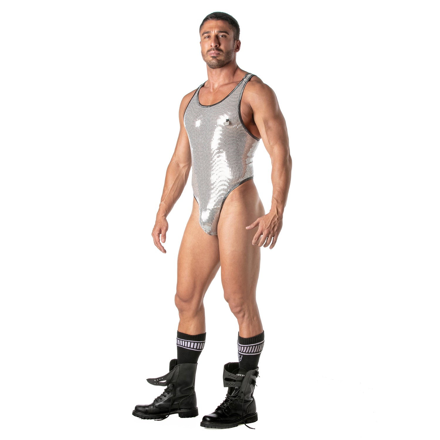 Men'S Silver Sequin Thong Bodysuit