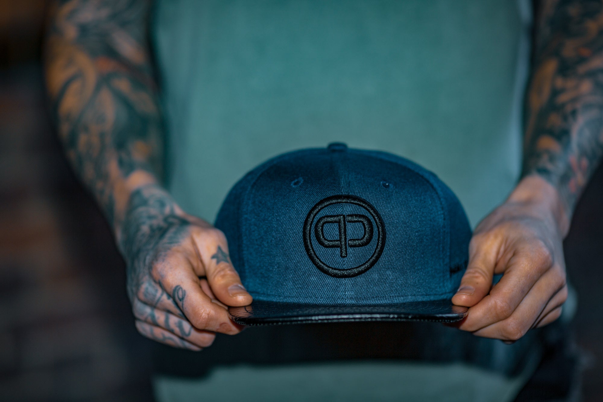 Snapback Cap - Navy Blue & Black Leather