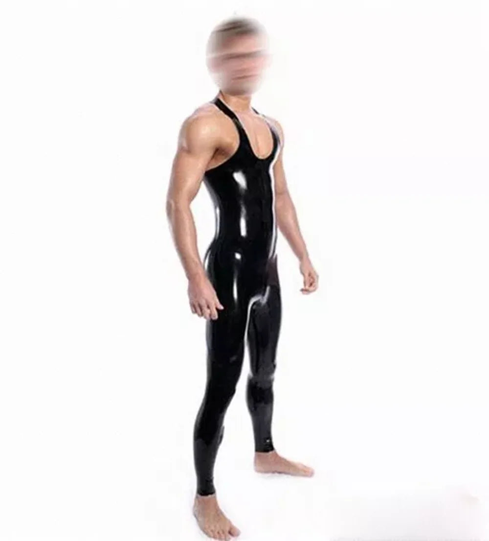 Herren Latex Catsuit ärmellos – Neck Entry Bodysuit ohne Reißverschluss