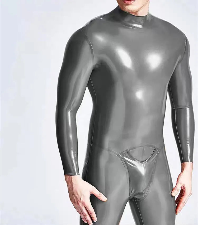 Herren Latex Catsuit mit Halseinstieg & 3D-Pouch – silberner Gummi Bodysuit