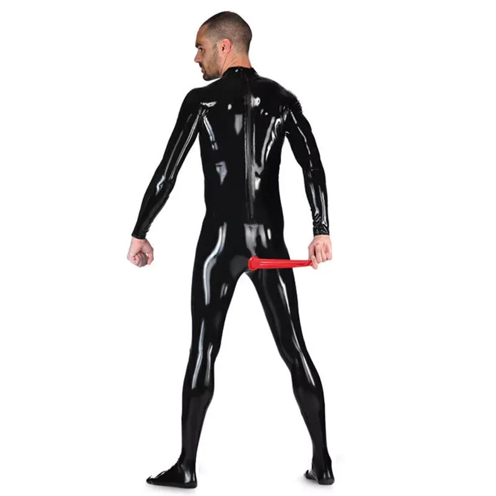 Schwarzer Herren Latex Catsuit mit Rückenreißverschluss & integrierten Fußteilen