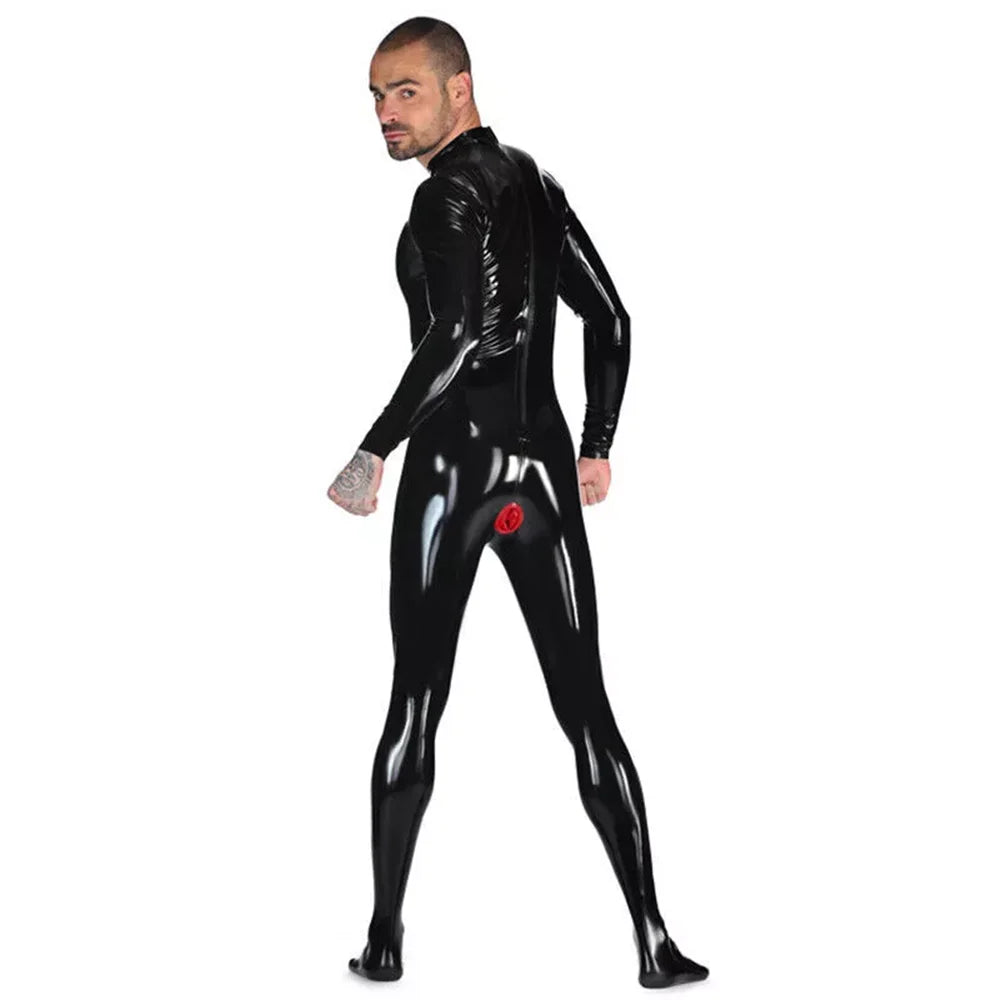 Schwarzer Herren Latex Catsuit mit Rückenreißverschluss & integrierten Fußteilen